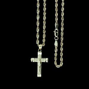 10K Real Gold Rope Chain and Cross Pendant Set